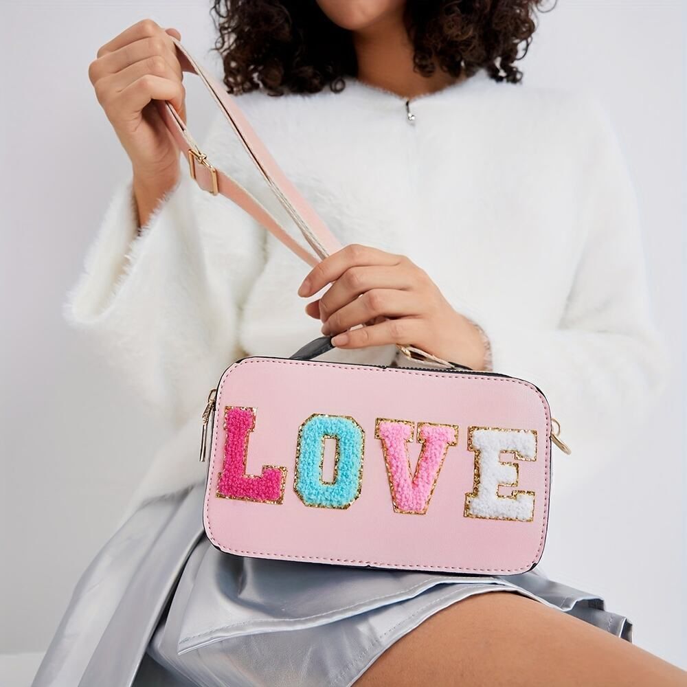 Pink Mini Crossbody Bag LOVE Letter Purse Adjustable Strap Shoulder Bag
